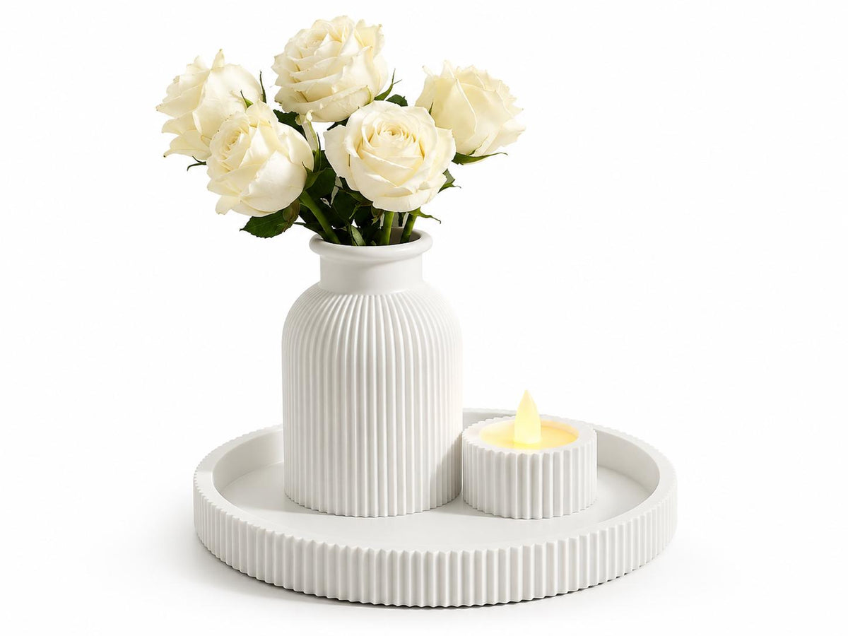 Ribbed Home Decor Set – Vase, Tray & Tealight Holder